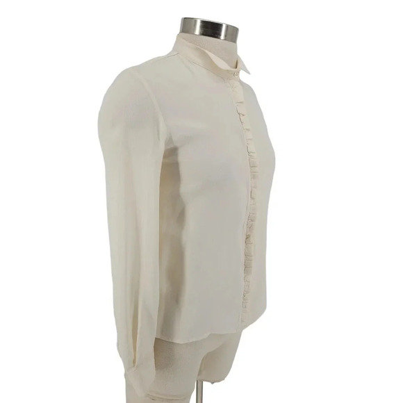 Maje Blouse Silk Ivory Ruffle Button Up Collared Long Sleeve Top Shirt - Picture 3 of 8